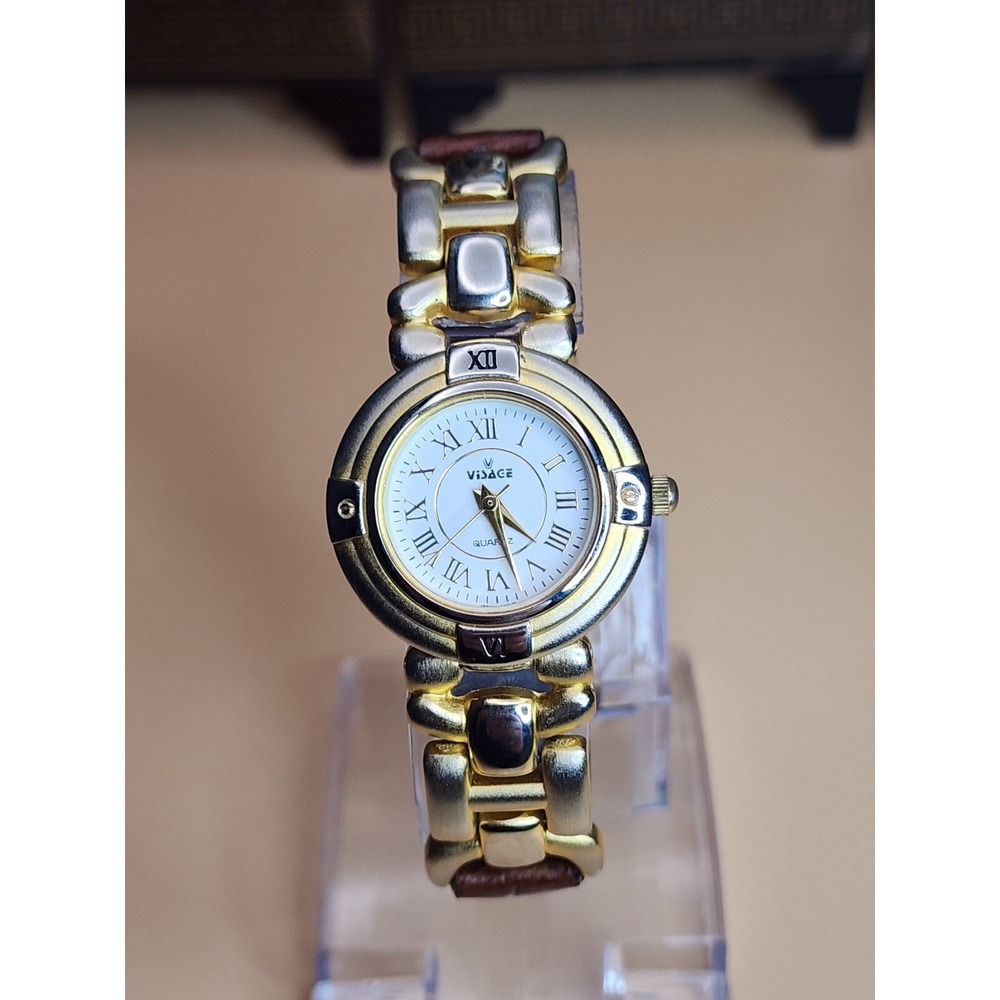Vintage‎ VISAGE Gold Tone & Brown Leather Watch New Battery FREE SHIPPING!!